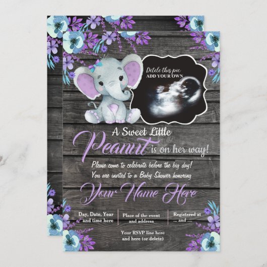 Ultrasound Elephant Baby shower Invitation, rustis Kaart (Voorkant / Achterkant)