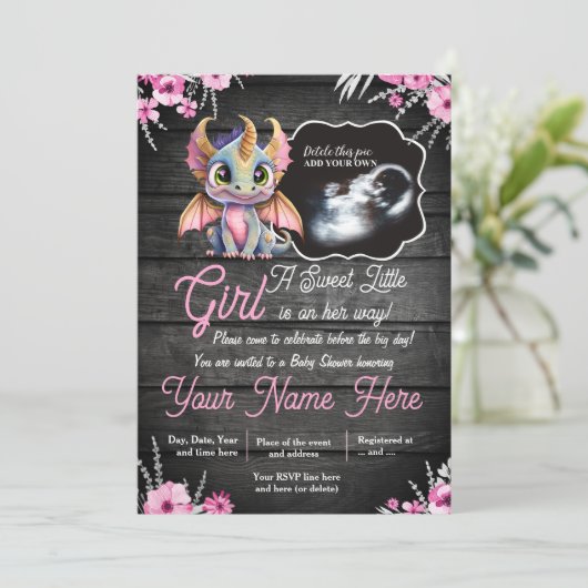 Ultrasound Girl Dragon Baby shower Invitation Kaart (Staand voorkant)