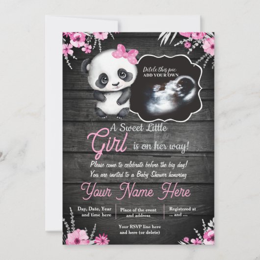 Ultrasound Girl Panda Baby shower Flowers rustic Kaart (Voorkant)