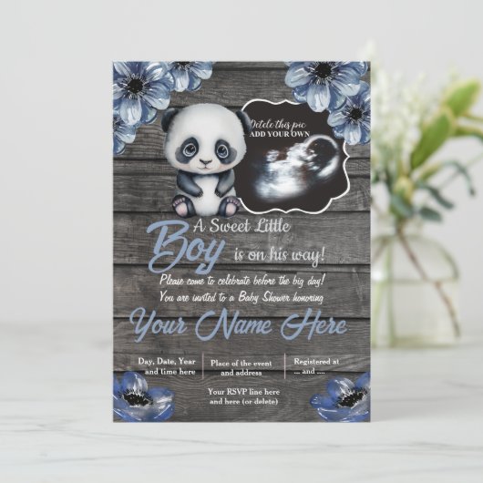 Ultrasound Panda Baby shower Uitnodiging, rustisch Kaart (Staand voorkant)