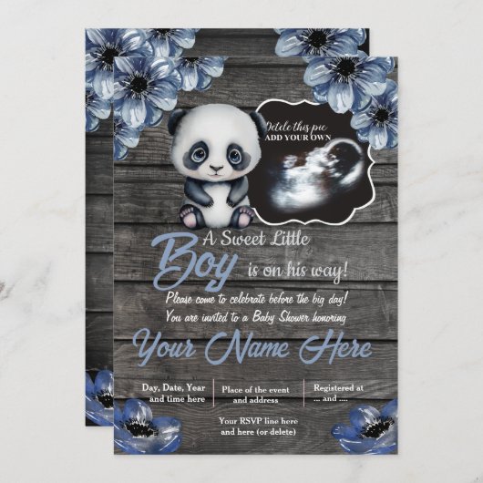 Ultrasound Panda Baby shower Uitnodiging, rustisch Kaart (Voorkant / Achterkant)