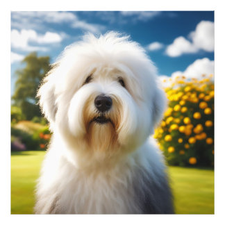 Um Old English Sheepdog no Jardim Florido Foto Afdruk