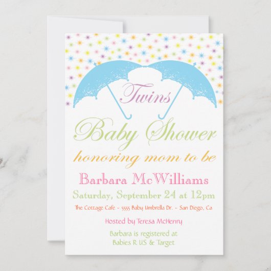 Umbrella Baby Boy Twins Shower Invitations Kaart (Voorkant)