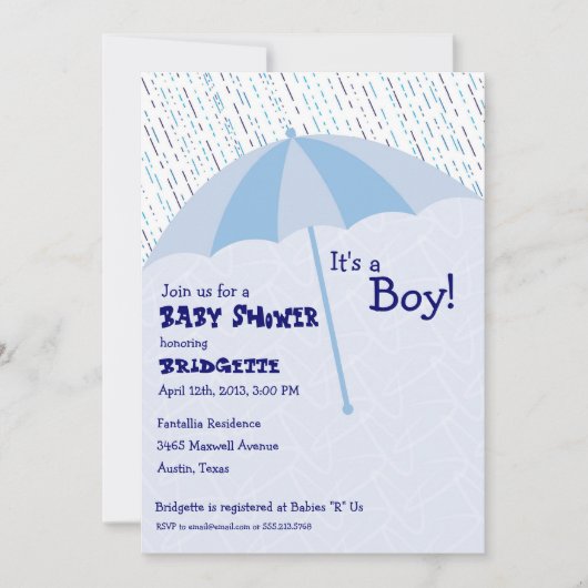 Umbrella Baby shower Blue Invitation Kaart (Voorkant)