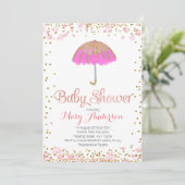 Umbrella Baby shower Invitation Gold Glitter PINK Kaart (Staand voorkant)