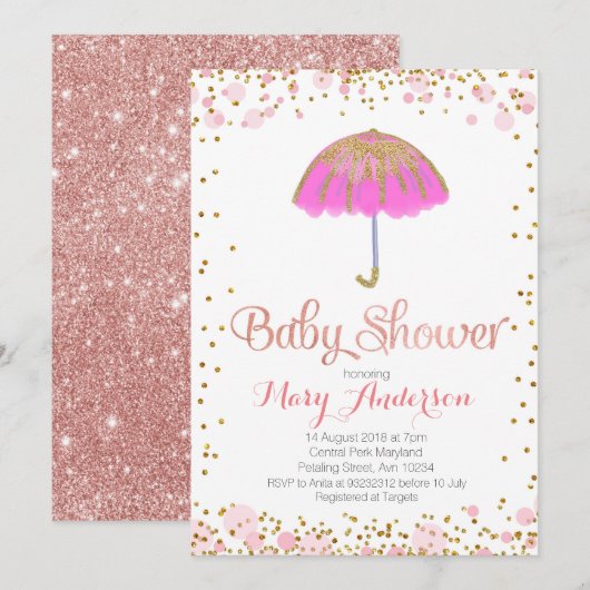 Umbrella Baby shower Invitation Gold Glitter PINK Kaart (Voorkant / Achterkant)