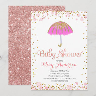 Umbrella Baby shower Invitation Gold Glitter PINK Kaart