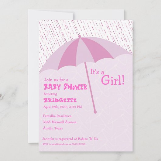 Umbrella Baby shower roze uitnodiging (Voorkant)
