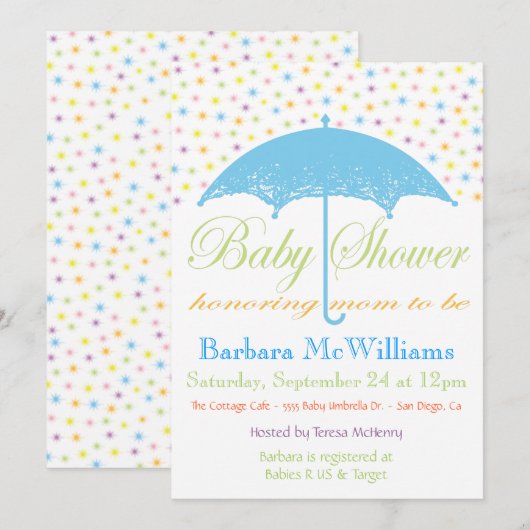 Umbrella Baby Shower-uitnodigingen Kaart (Voorkant / Achterkant)