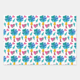 Umbrella Girl Waterverf Hearts Flowers Patroon Inpakpapier Vel