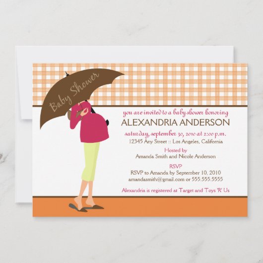 Umbrella mammie Gingham Baby shower Invite (oranje Kaart (Voorkant)