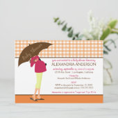 Umbrella mammie Gingham Baby shower Invite (oranje Kaart (Staand voorkant)