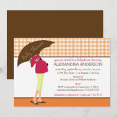 Umbrella mammie Gingham Baby shower Invite (oranje Kaart (Voorkant / Achterkant)