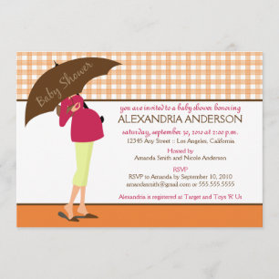 Umbrella mammie Gingham Baby shower Invite (oranje Kaart