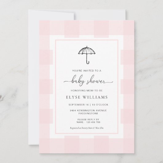 Umbrella Pink Gingham Baby shower Kaart (Voorkant)