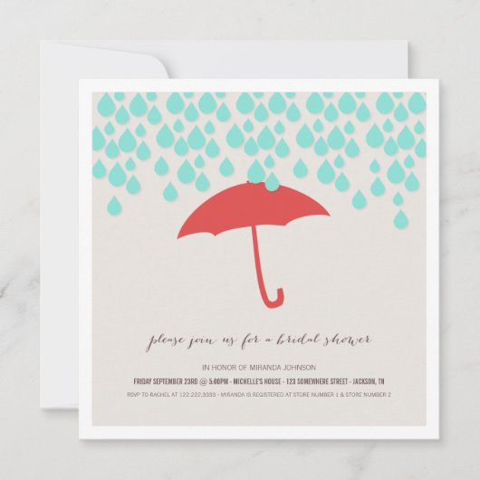 Umbrella & Regen druppels Bridal Shower Invitation Kaart (Voorkant)