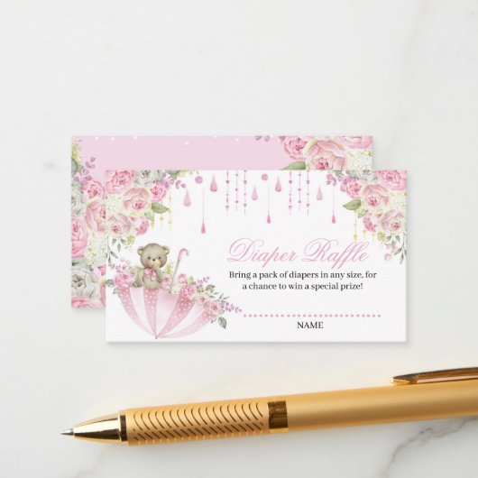 Umbrella Sprinkle Baby Teddy Bear Diaper Raffle En Informatiekaartje (Voorkant / Achterkant in situ)
