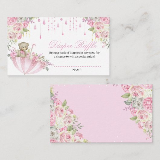Umbrella Sprinkle Baby Teddy Bear Diaper Raffle En Informatiekaartje (Voorkant / Achterkant)