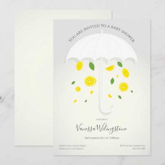 Umbrella White Grey Lemons Cartoon Baby shower Kaart (Voorkant / Achterkant)