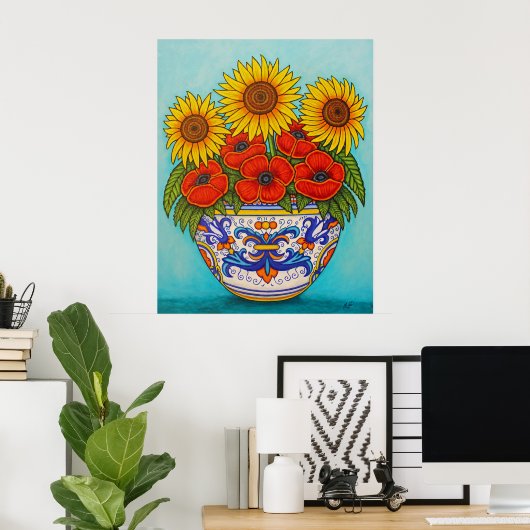 Umbria Bouquet Poppy Sunflower Poster Print (Thuiskantoor)