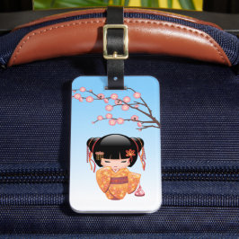 Ume Kokeshi Doll - Japans Geisha Meisje Blauw Bagagelabel