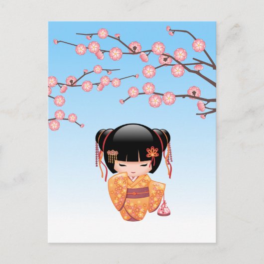 Ume Kokeshi Doll - Japans Geisha Meisje Blauw Briefkaart (Voorkant)