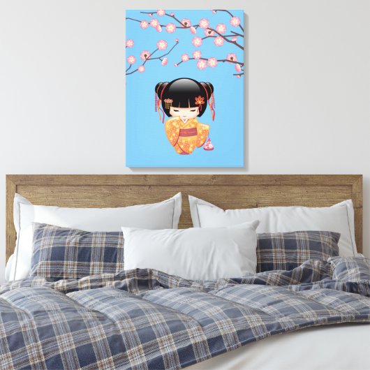 Ume Kokeshi Doll - Japans Geisha Meisje Blauw Canvas Afdruk (Insitu (Slaapkamer))
