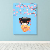 Ume Kokeshi Doll - Japans Geisha Meisje Blauw Canvas Afdruk (Insitu (Houten vloer))