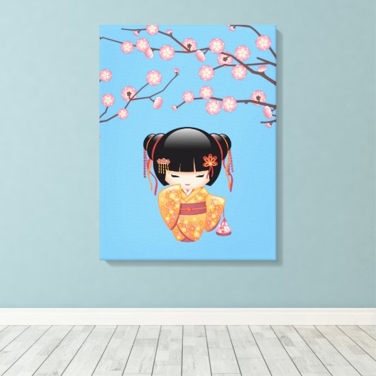 Ume Kokeshi Doll - Japans Geisha Meisje Blauw Canvas Afdruk (Insitu (Houten vloer))