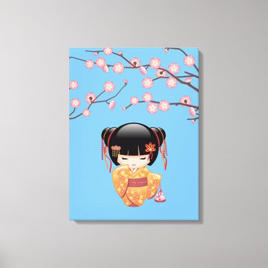 Ume Kokeshi Doll - Japans Geisha Meisje Blauw Canvas Afdruk (Voorkant)