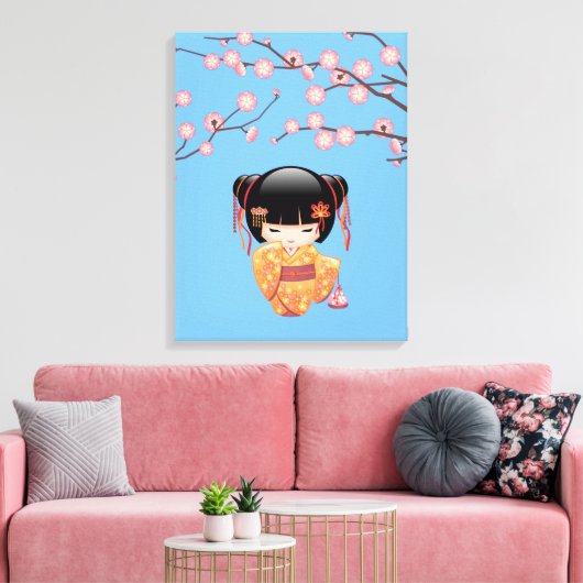 Ume Kokeshi Doll - Japans Geisha Meisje Blauw Canvas Afdruk (Insitu (Woonkamer))