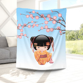 Ume Kokeshi Doll - Japans Geisha Meisje Blauw Fleece Deken