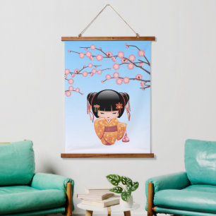 Ume Kokeshi Doll - Japans Geisha Meisje Blauw Hangend Wandkleed