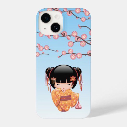 Ume Kokeshi Doll - Japans Geisha Meisje Blauw iPhone Hoesje (Achterkant)