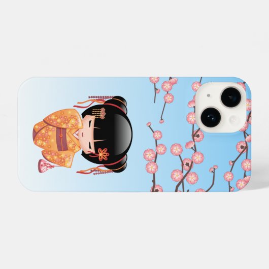 Ume Kokeshi Doll - Japans Geisha Meisje Blauw iPhone Hoesje (Achterkant horizontaal)
