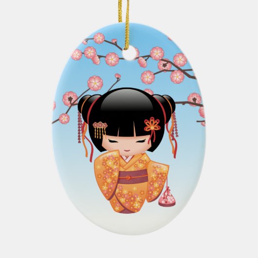 Ume Kokeshi Doll - Japans Geisha Meisje Blauw Keramisch Ornament (Achterkant)