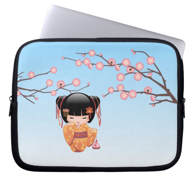 Ume Kokeshi Doll - Japans Geisha Meisje Blauw Laptop Sleeve (Voorkant)