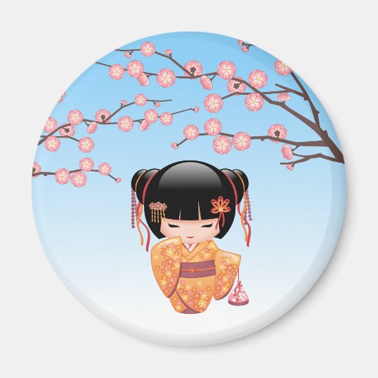 Ume Kokeshi Doll - Japans Geisha Meisje Blauw Magneet (Voorkant)