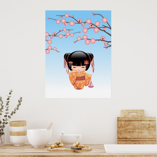 Ume Kokeshi Doll - Japans Geisha Meisje Blauw Poster (Keuken)