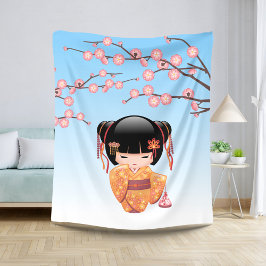 Ume Kokeshi Doll - Japans Geisha Meisje Blauw Sherpa Deken