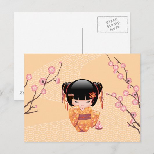 Ume Kokeshi Doll - Japanse peach Geisha Girl Briefkaart (Voorkant / Achterkant)