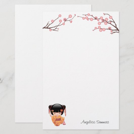 Ume Kokeshi Doll - Japanse peach Geisha Girl Briefpapier (Voorkant / Achterkant)