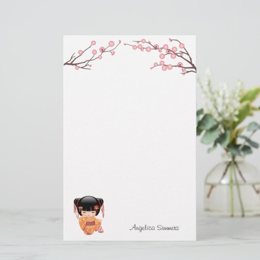 Ume Kokeshi Doll - Japanse peach Geisha Girl Briefpapier (Staand voorkant)