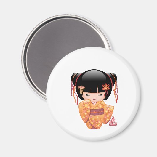 Ume Kokeshi Doll - Japanse peach Geisha Girl Magneet (Voorkant / Achterkant)