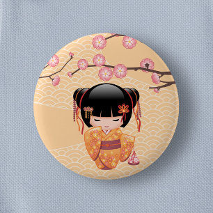 Ume Kokeshi Doll - Japanse peach Geisha Girl Ronde Button 5,7 Cm