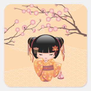 Ume Kokeshi Doll - Japanse peach Geisha Girl Vierkante Sticker