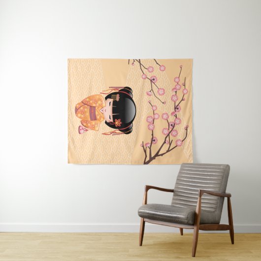 Ume Kokeshi Doll - Japanse peach Geisha Girl Wandkleed (In Situ (horizontaal))