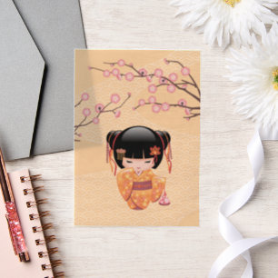 Ume Kokeshi-pop Japanse Geisha Gele Inzet Vellum Uitnodigingen