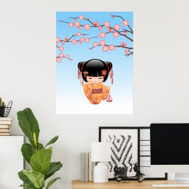 Ume Kokeshi Pop - Japanse Geisha Meisje Blauw Poster