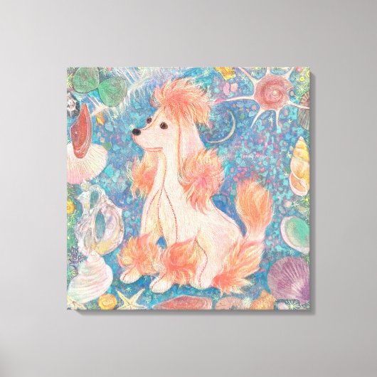 "Umi Poodle" Pink Poodle & Seashell Dream Canvas A Afdruk (Voorkant)